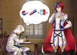  2boys alear_(fire_emblem) alear_(male)_(fire_emblem) blue_hair cape fire_emblem fire_emblem_engage fire_emblem_heroes highres hooded_robe igni_tion kiran_(male)_(fire_emblem) multicolored_hair multiple_boys nintendo_switch pepsi redhead robe thought_bubble toothpaste two-tone_hair 