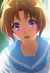  1girl blue_neckerchief blue_sailor_collar brown_eyes brown_hair hibike!_euphonium highres kitauji_high_school_uniform looking_at_viewer medium_hair nakagawa_natsuki neckerchief open_mouth sailor_collar school_uniform serafuku shirt solo usagihop violet_eyes watermark white_shirt 