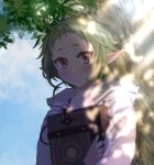  1girl blue_sky book closed_mouth clouds day elf green_hair highres holding holding_book hood hooded_jacket jacket kiyo_(a_sam_ko) looking_at_viewer mushoku_tensei outdoors pointy_ears red_eyes short_hair sky smile solo sylphiette_(mushoku_tensei) white_jacket 