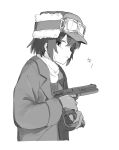  1girl check_weapon desert_eagle expressionless fur-trimmed_headwear gun handgun hat highres jacket kino_(kino_no_tabi) kino_no_tabi long_sleeves looking_at_viewer monochrome origami_gyokuo shirt short_hair sketch solo weapon white_background 