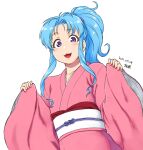  1girl :d blue_hair blush botan_(yu_yu_hakusho) dated japanese_clothes kimono long_hair long_sleeves looking_at_viewer open_mouth ponytail signature simple_background smile solo tsukudani_(coke-buta) violet_eyes white_background yu_yu_hakusho 