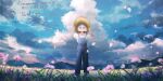  1girl blue_eyes blue_overalls blue_sky clouds cloudy_sky commission day field flower flower_field hat highres kofi59652451 original outdoors overalls petals scenery shirt short_hair skeb_commission sky solo standing straw_hat thank_you white_hair white_shirt 