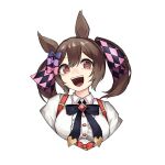  1girl absurdres animal_ears black_bow bow breasts brown_eyes brown_hair center_frills commentary frills hair_between_eyes hair_bow highres horse_ears horse_girl looking_at_viewer medium_breasts medium_hair open_mouth pink_bow purple_bow red_bow sanada_ina shirt simple_background smart_falcon_(umamusume) smile solo strap twintails umamusume upper_body white_background white_shirt 