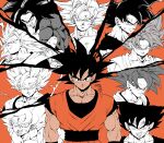  1boy absurdres black_eyes black_hair blonde_hair dougi dragon_ball dragon_ball_gt dragon_ball_super dragon_ball_z highres looking_at_viewer male_focus monkey_boy monochrome multiple_boys multiple_persona muscular muscular_male open_mouth pectorals saiyan seya_(asasei_718) simple_background smile son_goku spiky_hair super_saiyan super_saiyan_1 super_saiyan_2 super_saiyan_3 super_saiyan_4 super_saiyan_blue super_saiyan_god ultra_instinct wristband 