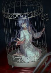  1girl baicha_oqqa birdcage braid cage commission dress hair_ornament highres in_cage long_hair looking_at_viewer original purple_hair reaching signature single_braid skeb_commission solo thank_you white_dress x_hair_ornament 