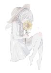  1girl artist_name barefoot blush dress driedflower flower grey_eyes hat highres holding holding_flower original short_hair signature simple_background sleeveless solo straw_hat sunflower white_background white_dress white_hair wings yellow_flower 