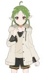  1girl ahoge black_shorts elf green_hair hand_up hood hooded_jacket jacket looking_at_viewer mushoku_tensei pointy_ears red_eyes shirt short_hair shorts simple_background solo sylphiette_(mushoku_tensei) tt17221722 white_background white_jacket white_shirt 