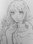  1girl :o blunt_bangs collared_shirt danganronpa_(series) danganronpa_2:_goodbye_despair greyscale hand_up highres hood hooded_jacket jacket long_sleeves medium_hair monochrome nanami_chiaki neck_ribbon open_clothes open_jacket ribbon shirt shohosen sleeves_past_wrists solo spaceship_hair_ornament two-tone_shirt 