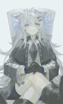  1girl absurdres animal_ears arknights black_capelet black_footwear black_gloves black_shorts boots capelet chair commentary crossed_legs facing_viewer gloves grey_eyes grey_hair hair_ornament hairclip highres lappland_(arknights) lappland_(refined_horrormare)_(arknights) long_hair looking_at_viewer messy_hair miike_(992058) on_chair parted_lips scar scar_across_eye shirt shorts sidelocks simple_background sitting smile solo white_background white_shirt wolf_ears wolf_girl 