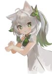  1girl ahoge animal_ear_fluff animal_ears bare_arms bare_shoulders blush cat_ears commentary_request cross-shaped_pupils dokomon dress genshin_impact gradient_hair green_eyes green_hair grey_hair hair_between_eyes highres kemonomimi_mode looking_at_viewer multicolored_hair nahida_(genshin_impact) paw_pose romaji_commentary side_ponytail simple_background sleeveless sleeveless_dress solo symbol-shaped_pupils white_background white_dress 