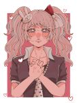 1girl alternate_costume black_shirt blush bow collarbone cosplay danganronpa:_trigger_happy_havoc danganronpa_(series) enoshima_junko enoshima_junko_(cosplay) freckles grey_eyes hair_bow hair_ornament hands_up heart ikusaba_mukuro looking_at_viewer necktie own_hands_together rabbit_hair_ornament red_background red_bow sake_daikon shirt short_sleeves solo straight-on teeth twintails white_background white_hair 