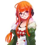  1girl fur-trimmed_jacket fur_trim glasses green_jacket headphones jacket jacket_partially_removed long_hair looking_at_viewer mk_bass_r open_clothes open_jacket orange_hair persona persona_5 print_shirt sakura_futaba shirt simple_background smirk solo tagme upper_body violet_eyes white_background white_shirt 