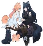  ! 2girls :&lt; animal_ears animalization ankle_boots ascot bare_shoulders black_coat black_dress black_footwear black_hair black_thighhighs blue_eyes boots brown_footwear cat cat_ears cat_girl cat_tail choker clothing_cutout coat commentary dog dog_ears dog_girl dog_tail dress extra_ears final_fantasy final_fantasy_xiv fishnet_thighhighs fishnets from_side full_body gaia_(ff14) hair_ribbon hand_on_another&#039;s_hand hand_on_hand hand_on_own_knee highres hyur kemonomimi_mode legs_together long_hair long_sleeves looking_at_another multiple_girls off_shoulder orange_hair puffy_long_sleeves puffy_sleeves purple_ascot purple_choker ribbon ryne_waters seiza shoulder_cutout simple_background sitting slit_pupils smile symbol-only_commentary tail thigh-highs thigh_boots wavy_hair white_background white_dress wide-eyed wuliu_heihuo 