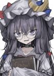  1girl absurdres black_choker blue_bow book bow character_name choker crescent crescent_hat_ornament glasses hat_ornament highres hisha_(kan_moko) holding holding_book jacket looking_at_viewer nervous_smile nervous_sweating patchouli_knowledge red_bow sleeves_past_wrists smile solo sweat touhou violet_eyes white_background white_headwear white_jacket 