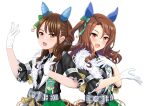  2girls animal_ears back-to-back belt black_jacket brown_eyes brown_hair cosplay ear_covers fur_trim gloves horse_ears horse_girl jacket jewelry king_halo_(umamusume) king_halo_(umamusume)_(cosplay) looking_at_viewer multiple_girls open_mouth puffy_short_sleeves puffy_sleeves real_life red_eyes saeki_iori seki_(hyokosho) short_sleeves smile twitter_username umamusume voice_actor voice_actor_connection wavy_hair white_background white_gloves 