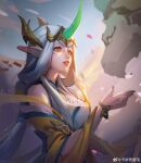  1girl absurdres artist_name chinese_commentary detached_sleeves dragon eastern_dragon fingernails green_horns green_nails hair_ornament highres horns immortal_journey_soraka kamiaodeyemao league_of_legends long_hair looking_at_another official_alternate_costume official_alternate_hairstyle outdoors parted_lips pointy_ears single_horn sky solo soraka_(league_of_legends) upper_body white_hair wide_sleeves yellow_eyes 