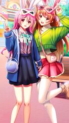  2girls animal_ears black_skirt brown_hair collared_shirt doukyuusei_2 doukyuusei_another_world eyewear_on_head fake_animal_ears game_cg katou_minori long_hair long_sleeves looking_at_viewer miniskirt multiple_girls pink-framed_eyewear pink_hair pleated_skirt rabbit_ears red_skirt ribbed_sweater sendou_airi shirt skirt sleeves_past_wrists standing standing_on_one_leg striped striped_shirt sweater thigh-highs v vertical-striped_shirt vertical_stripes very_long_hair white-framed_eyewear white_shirt white_sweater white_thighhighs wing_collar zettai_ryouiki 