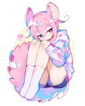  1boy animal_ears artist_logo artist_name black_shorts blue_eyes bright_pupils chinchilla_boy chinchilla_ears chinchilla_tail dot_nose expressionless hands_on_own_knees heterochromia highres hood hood_down hoodie knees_to_chest multicolored_clothes multicolored_hoodie original pink_eyes pink_hair raito-kun_(uenomigi) shiny_skin shorts socks tail thighs uenomigi white_hoodie white_socks 