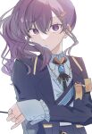  1girl asahina_mafuyu commentary gem hair_ornament hairpin hand_on_own_arm highres jewelry lapels long_hair long_sleeves looking_at_viewer magic_academy_of_sekai_(project_sekai) notched_lapels project_sekai purple_hair ring sidelocks simple_background solo suiu symbol-only_commentary upper_body violet_eyes white_background 
