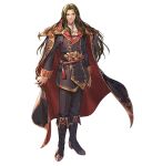  1boy arion_(fire_emblem) armor black_cape black_coat black_footwear black_pants cape coat fire_emblem fire_emblem:_genealogy_of_the_holy_war fire_emblem_heroes full_body green_hair long_hair looking_at_viewer male_focus official_art pants pauldrons red_cape shoulder_armor two-tone_cape 