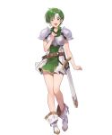  1girl armor belt boots breastplate dress earrings fee_(fire_emblem) fire_emblem fire_emblem:_genealogy_of_the_holy_war fire_emblem_heroes full_body gold_trim green_eyes grey_hair headband highres jewelry non-web_source official_art sheath sheathed short_dress short_hair short_sleeves shoulder_armor solo sword weapon yuko_(uc_yuk) 