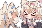  &gt;_&lt; 2girls animal_ear_fluff animal_ears bandaid_hair_ornament black_jacket blonde_hair blue_hair blush_stickers chain chain_leash colored_inner_animal_ears commentary controller cropped_shirt dog_ears dog_girl fur-trimmed_jacket fur_trim fuwawa_abyssgard game_controller hair_ornament hairclip headband headphones headphones_around_neck highres holding holding_controller holding_game_controller hololive hololive_english jacket kukie-nyan leash long_hair mococo_abyssgard multicolored_hair multiple_girls no_eyes pink_hair pink_headband siblings simple_background sisters sneezing snot splashing streaked_hair symbol-only_commentary twins virtual_youtuber white_background white_hair x_hair_ornament 