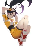  1girl araragi_karen arm_up black_bodysuit black_eyes black_hair bodysuit covered_navel egg_hair_ornament feet_out_of_frame food-themed_hair_ornament gesugesu_ahoaho grin hair_ornament jumping long_hair monogatari_(series) nisemonogatari orange_wristband pink_socks ponytail purple_hair red_footwear shoes short_shorts short_sleeves shorts simple_background smile sneakers socks solo sportswear white_background yellow_shorts 