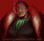  1boy ascot black_hair cigar collared_shirt crocodile_(one_piece) english_text furrowed_brow hair_slicked_back happy_birthday kokorozashi male_focus mature_male one_piece red_background scar scar_on_face scar_on_nose shirt short_hair smile smoking solo stitches upper_body 