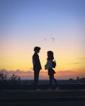  1boy 1girl backpack bag city_lights cityscape clouds cloudy_sky commentary english_commentary evening from_side full_body gradient_sky highres looking_at_another medium_hair original outdoors profile sam_yang shoes short_hair skirt sky sneakers 