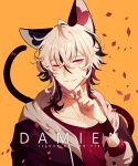  1boy animal_ear_piercing animal_ears armband artist_name bishounen black_armband black_hair black_jacket blonde_hair cat_ears cat_tail character_name collarbone colored_tips damien_(hen-tie) english_commentary eyelashes finger_to_own_chin heart heart_print hen-tie hood hood_down hooded_jacket jacket layered_sleeves long_sleeves loose_hair_strand multicolored_hair one_eye_closed open_clothes open_jacket orange_background original parted_lips pink_eyes pink_nails red_shirt redhead shirt short_hair smile tail teeth thick_eyebrows upper_body watermark white_hood 