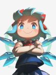  1girl absurdres artist_name blue_eyes blue_hair blue_skirt blue_vest bow cirno cirno_day closed_mouth collared_shirt crossed_arms dated detached_wings fairy hair_bow highres ice ice_wings long_sleeves looking_at_viewer porforever red_bow shirt short_hair signature skirt smile solo touhou upper_body v-shaped_eyebrows vest white_shirt wings 