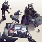  1girl animal_ears boots bright_pupils coat cookie eating food fox full_body fur_trim hand_up holding jaana_kettu karamelflan looking_at_viewer mechanical_arms mouse multiple_views one_eye_closed original pantyhose petting pov selfie shadow shorts simple_background single_mechanical_arm sitting sweater white_background white_pupils wolf_ears 