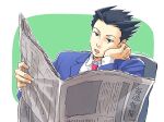  1boy ace_attorney arm_support black_eyes black_hair blue_jacket bored collared_shirt commentary_request dated hand_on_own_chin head_rest holding holding_newspaper jacket long_sleeves looking_ahead male_focus necktie newspaper open_mouth phoenix_wright reading shirt short_hair solo spiky_hair taba_(tb_gya) translation_request upper_body white_shirt 