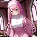1girl ai_generated blurry_background buttons cute dress eyebrows_visible_through_hair long_sleeves looking_at_viewer medium_breasts nun pink_eyes pink_hair pink_headwear smile very_long_hair white_shirt