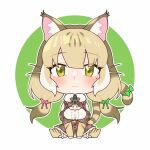  1girl animal_ears belt camouflage cat_ears cat_girl cat_tail extra_ears green_background green_eyes grey_hair hauru_252 highres jungle_cat_(kemono_friends) kemono_friends kemono_friends_v_project kneehighs long_hair looking_at_viewer microphone ribbon shirt simple_background skirt socks solo tail twintails virtual_youtuber 