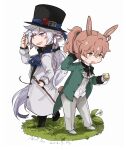  2boys :d alice_in_wonderland animal_ears ascot black_bow black_footwear blue_ascot boots bow bowtie cane center_frills coat coattails cosplay dated earrings fang fate/grand_order fate_(series) flower frilled_shirt_collar frills full_body gloves grass green_coat green_eyes grey_pants hair_between_eyes hair_bow hand_up hat hat_flower holding holding_cane holding_pocket_watch jewelry leg_up long_hair long_sleeves mad_hatter_(alice_in_wonderland) mad_hatter_(alice_in_wonderland)_(cosplay) male_focus merlin_(fate) multiple_boys open_clothes open_coat open_mouth orange_hair pants paper_texture pocket_watch ponytail rabbit_ears rabbit_tail red_flower red_rose romani_archaman rose ruoyin scratching_head shirt shoes skin_fang smile sweat tail very_long_hair violet_eyes watch white_flower white_footwear white_gloves white_rabbit_(alice_in_wonderland) white_rabbit_(alice_in_wonderland)_(cosplay) white_shirt 