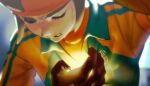  1boy arm_up blurry brown_gloves brown_hair clenched_teeth closed_eyes clothes_grab depth_of_field endou_haru gloves glowing hand_on_own_chest hand_up headband highres inazuma_eleven_(series) long_sleeves male_focus omisotayan short_hair solo sportswear sweat teeth upper_body 
