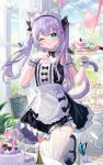  1girl ;) absurdres animal_ear_fluff animal_ears apron black_bow black_skirt blue_eyes bow bug butterfly cat_ears floating_hair grey_hair hair_ornament highres holding holding_plate kuo_(kuo114514) leg_up long_hair maid maid_headdress miniskirt one_eye_closed original plate skirt smile solo standing standing_on_one_leg thigh-highs twintails waist_apron white_apron white_thighhighs zettai_ryouiki 