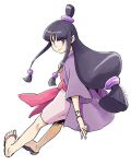  1girl ace_attorney black_hair blunt_bangs brown_eyes commentary_request dated full_body hair_ornament half_updo hanten_(clothes) jacket japanese_clothes kimono long_hair long_sleeves looking_at_viewer looking_back low-tied_long_hair magatama maya_fey obi parted_bangs pink_kimono pink_sash purple_jacket sandals sash short_kimono sidelocks simple_background smile solo standing taba_(tb_gya) very_long_hair white_background 