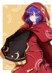  1girl absurdres bakuma blue_eyes blue_hair duel_monster falling_feathers highres hood hood_up horns light_blush long_sleeves medium_hair novox_the_silenforcer_disciple outstretched_hand red_horns robe sleeves_past_wrists solo wide_sleeves yu-gi-oh! 