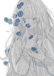  1girl artist_name bandaid blue_eyes blue_flower blush driedflower flower hair_flower hair_ornament highres long_hair long_sleeves looking_at_viewer original shirt signature simple_background solo upper_body white_background white_hair white_shirt 