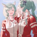  2girls :d ^_^ animal_ears aqua_hair bang_dream! blue_bow blush bow braid breasts closed_eyes collarbone commentary cosplay green_eyes hair_bow heavy_breathing highres hikawa_hina hikawa_sayo horse_ears horse_girl jacket kemonomimi_mode long_hair looking_at_another low_twin_braids medium_hair multicolored_clothes multicolored_jacket multiple_girls outdoors parted_lips ponytail red_jacket red_track_suit shirt siblings sidelocks small_breasts smile sweat towel tracen_training_uniform twin_braids twins two-tone_jacket umamusume white_shirt yellow_bow zihacheol 