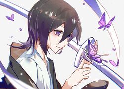  1girl black_hair bleach bug butterfly butterfly_on_hand closed_mouth from_side hair_between_eyes japanese_clothes kimono kuchiki_rukia long_bangs looking_down short_hair siheruyi sode_no_shirayuki_(shikai) sword upper_body violet_eyes weapon zanpakutou 