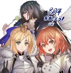  1boy 2girls ahoge armor armored_dress artoria_caster_(fate) artoria_caster_(third_ascension)_(fate) artoria_pendragon_(fate) bird black_fur black_gloves black_ribbon blonde_hair blue_bow bow breasts cape closed_mouth collar crow crown diamond_(shape) eating eiki_(eikityou_55) fate/grand_order fate_(series) fujimaru_ritsuka_(female) fur_trim gloves green_eyes grey_hair hair_between_eyes highres jacket long_hair looking_at_viewer multiple_girls oberon oberon_(fate) oberon_(third_ascension)_(fate) open_mouth orange_hair redhead ribbon shirt short_hair small_breasts smile teeth uvula white_cape white_fur white_jacket 