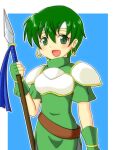  1girl armor doku_yamadori facing_viewer fee_(fire_emblem) fingerless_gloves fire_emblem fire_emblem:_genealogy_of_the_holy_war gloves green_eyes green_hair headband holding holding_polearm holding_weapon lance looking_at_viewer open_mouth polearm turtleneck weapon white_headband 