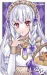  1girl alternate_costume argyle argyle_background artist_name basket blush border braid commentary enmaided fire_emblem fire_emblem:_three_houses fire_emblem_heroes hair_ribbon hand_up holding holding_basket juliet_sleeves long_hair long_sleeves looking_at_viewer lysithea_von_ordelia maid maid_headdress maji_(majibomber) open_mouth outside_border puffy_sleeves purple_ribbon red_eyes ribbon solo twin_braids upper_body white_border white_hair 