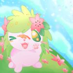  blush blush_stickers clouds cloudy_sky colored_skin day fangs field flower flower-shaped_pupils flower_field hair_flower hair_ornament nose_blush on_grass paw_print pink_flower pink_skin poffinpuff pokemon pokemon_(creature) shaymin shaymin_(land) sky sparkle_background symbol-shaped_pupils 