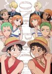  2girls 6+boys afro black_hair black_jacket black_necktie blonde_hair brown_eyes brown_headwear collarbone copyright_name curly_eyebrows dark_skin earrings goggles goggles_on_headwear green_eyes green_hair hat heart heart-shaped_pupils jacket jewelry looking_at_another monkey_d._luffy multiple_boys multiple_girls nami_(one_piece) necktie nigeria nightcat one_piece one_piece_(live_action) orange_hair red_vest roronoa_zoro sanji_(one_piece) scar scar_on_cheek scar_on_face short_hair short_sleeves smile smoking spiky_hair straw_hat straw_hat_pirates symbol-shaped_pupils vest 