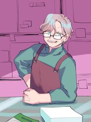  1boy apron blue_eyes brown_apron cheekbones clenched_hand counter facial_hair fate/grand_order fate_(series) glasses green_shirt hand_on_own_hip james_moriarty_(archer)_(fate) leaning_on_table long_sleeves looking_at_viewer male_focus mustache old old_man oneroom-disco paper_stack shirt short_hair solo 