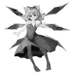  1girl absurdres bow cirno closed_mouth collared_shirt detached_wings dress frilled_sleeves frills full_body greyscale hair_bow head_tilt highres ice ice_wings inoshin_(inixia1748) light_smile looking_at_viewer monochrome no_shoes outstretched_arm pinafore_dress puffy_short_sleeves puffy_sleeves shirt short_sleeves sleeveless sleeveless_dress solo thigh-highs touhou v-shaped_eyebrows white_background wings 